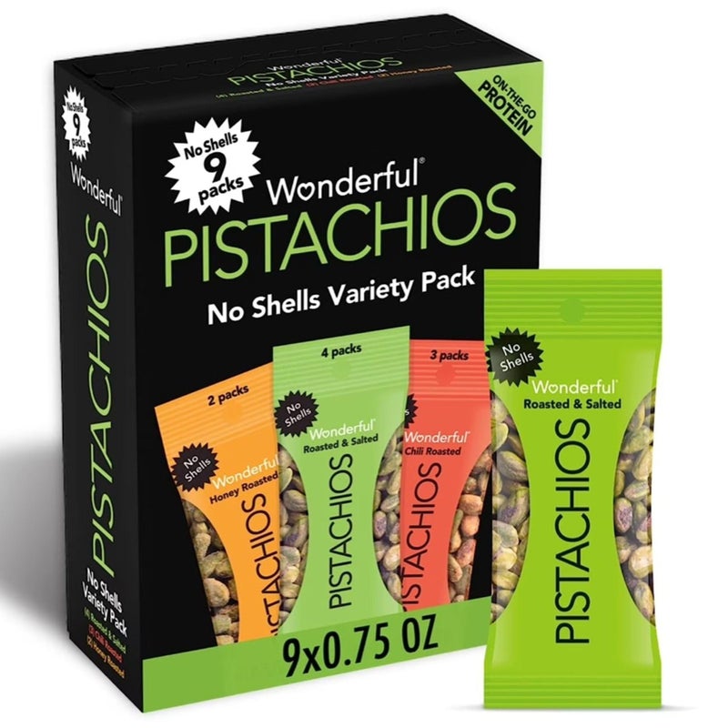 Wonderful Pistachios No Shells, 3 Flavors Mixed Variety Pack of 9 (0.75 Ounce), Roasted & Salted Nuts (4), Chili (3), Honey (2), Protein Snacks, Gluten Free, Healthy Snacks Variety Pack for Adults, Stocking Stuffers - Image 1