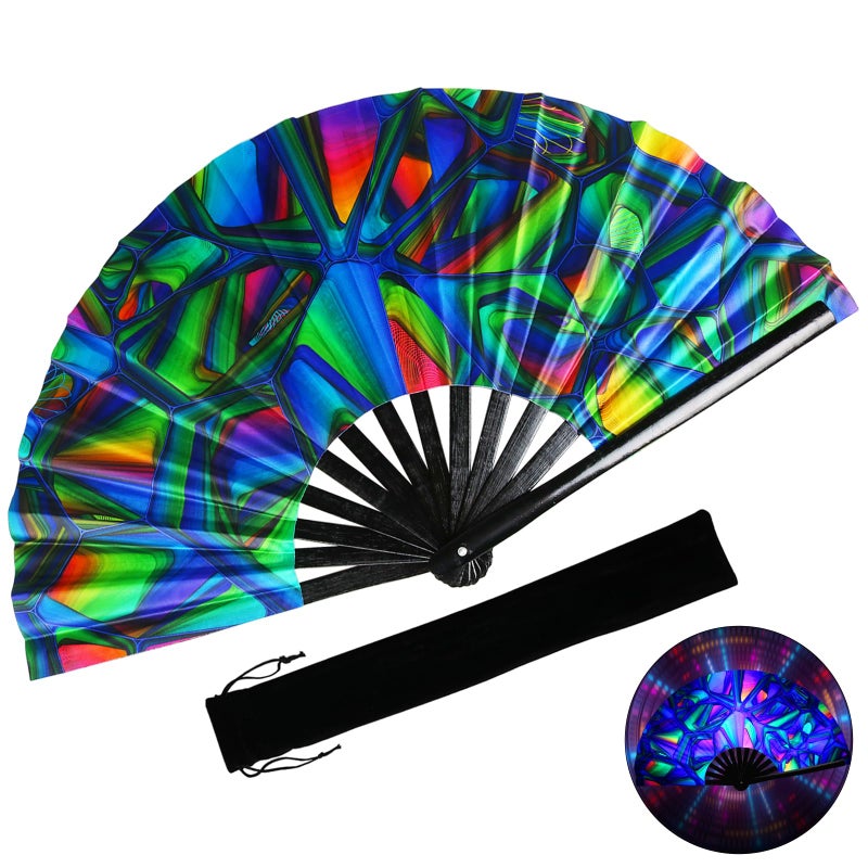 TAYUQEE Folding Hand Fan  13 Inch Large Bamboo Hand Fan for Women and Men  UV Glow Handheld Rave Fan Chinese Fan for Music Festivals Parades Rave Party and Decorations