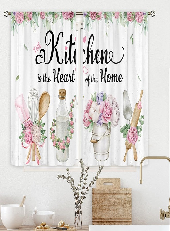 Cinbloo Pink Kitchen Curtains 27.5Wx39H Inch Rod Pocket Floral Rose Rustic Curtains for Kitchen Fork and Spoon Country Wooden Flower Art Printed Funny Quotes Window Drapes Treatment Fabric 2 Panels - Image 1