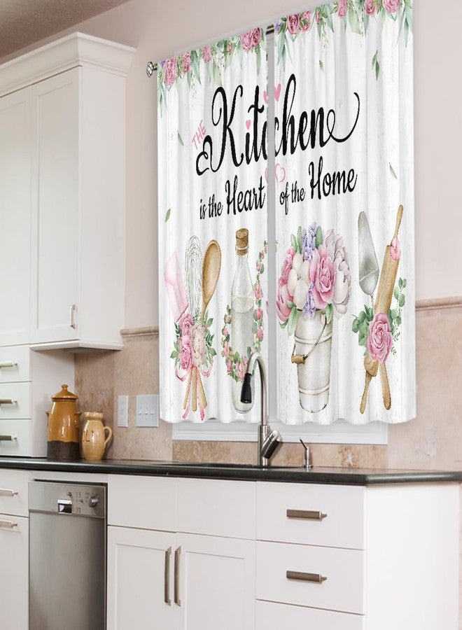 Cinbloo Pink Kitchen Curtains 27.5Wx39H Inch Rod Pocket Floral Rose Rustic Curtains for Kitchen Fork and Spoon Country Wooden Flower Art Printed Funny Quotes Window Drapes Treatment Fabric 2 Panels - Image 3