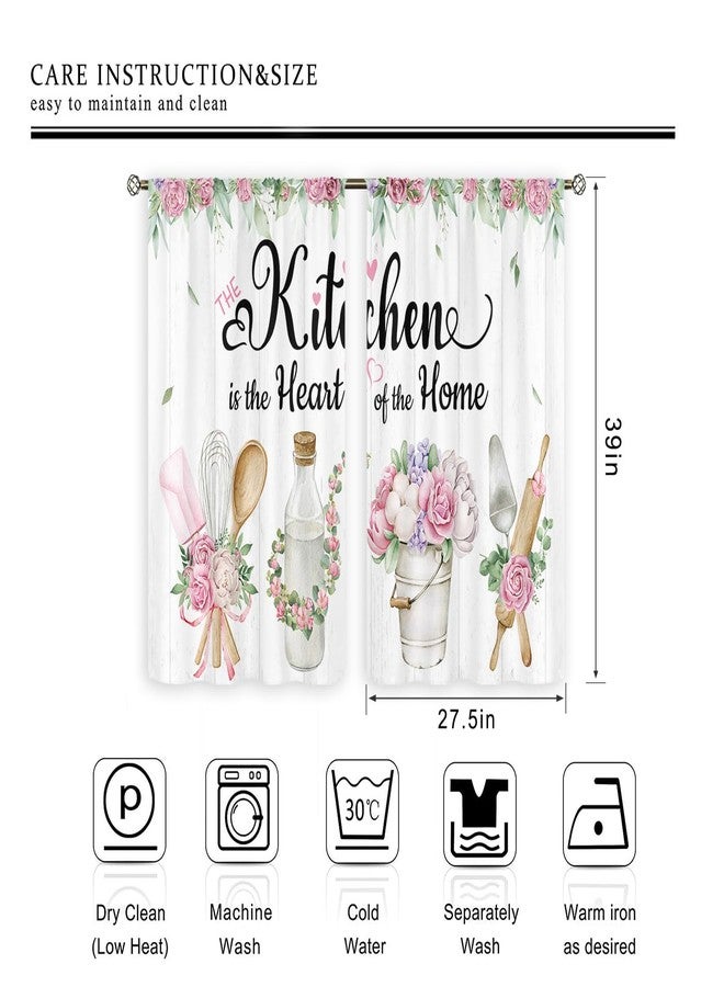 Cinbloo Pink Kitchen Curtains 27.5Wx39H Inch Rod Pocket Floral Rose Rustic Curtains for Kitchen Fork and Spoon Country Wooden Flower Art Printed Funny Quotes Window Drapes Treatment Fabric 2 Panels - Image 5