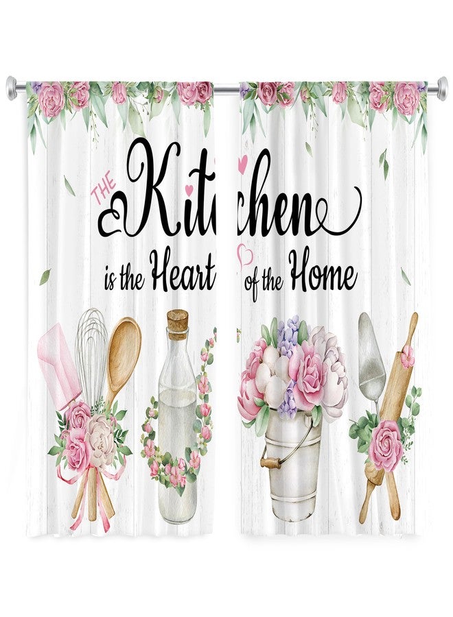 Cinbloo Pink Kitchen Curtains 27.5Wx39H Inch Rod Pocket Floral Rose Rustic Curtains for Kitchen Fork and Spoon Country Wooden Flower Art Printed Funny Quotes Window Drapes Treatment Fabric 2 Panels - Image 4