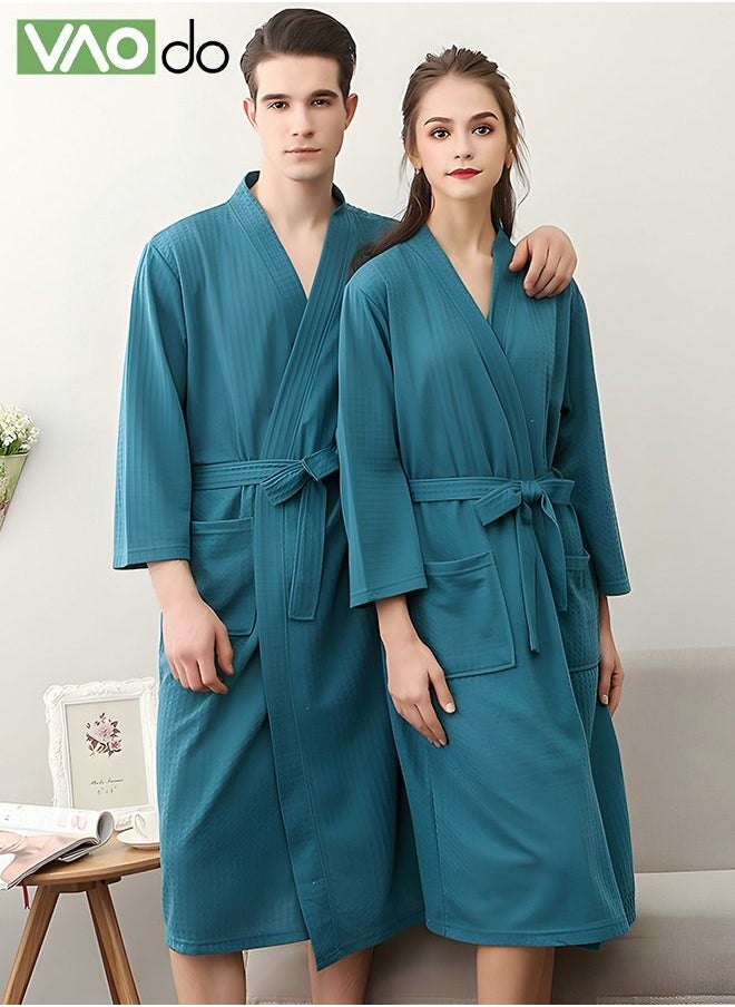 Men Waffle Weave Bathrobe Spa Bathrobe Cotton Long Robe with belt to Adjust the Size of Bathrobe Pockets Housecoat Blue One Size