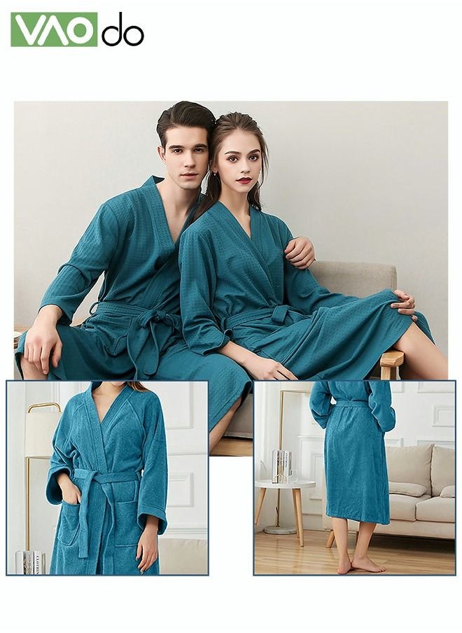 Men Waffle Weave Bathrobe Spa Bathrobe Cotton Long Robe with belt to Adjust the Size of Bathrobe Pockets Housecoat Blue One Size