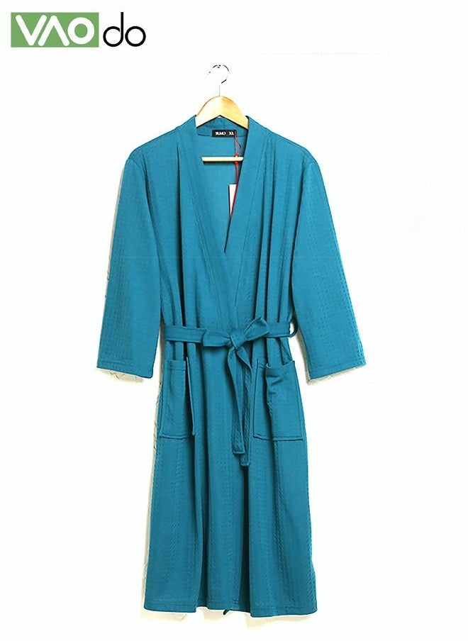 Men Waffle Weave Bathrobe Spa Bathrobe Cotton Long Robe with belt to Adjust the Size of Bathrobe Pockets Housecoat Blue One Size