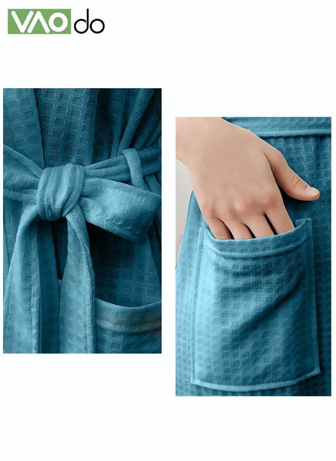 Men Waffle Weave Bathrobe Spa Bathrobe Cotton Long Robe with belt to Adjust the Size of Bathrobe Pockets Housecoat Blue One Size