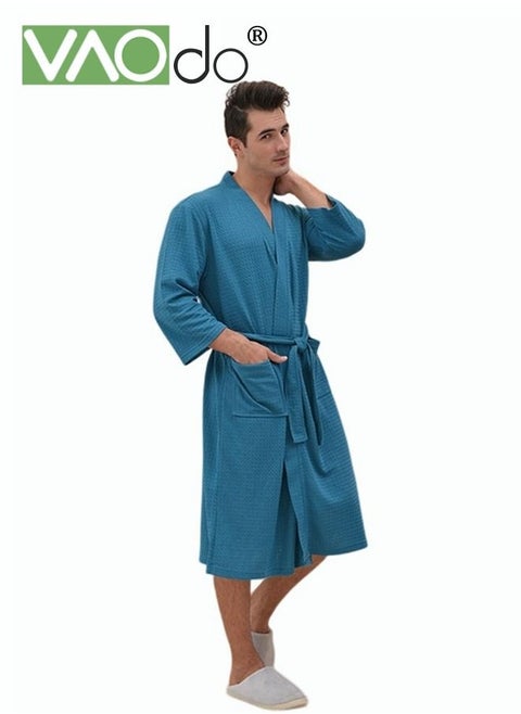 Men Waffle Weave Bathrobe Spa Bathrobe Cotton Long Robe with belt to Adjust the Size of Bathrobe Pockets Housecoat Blue One Size