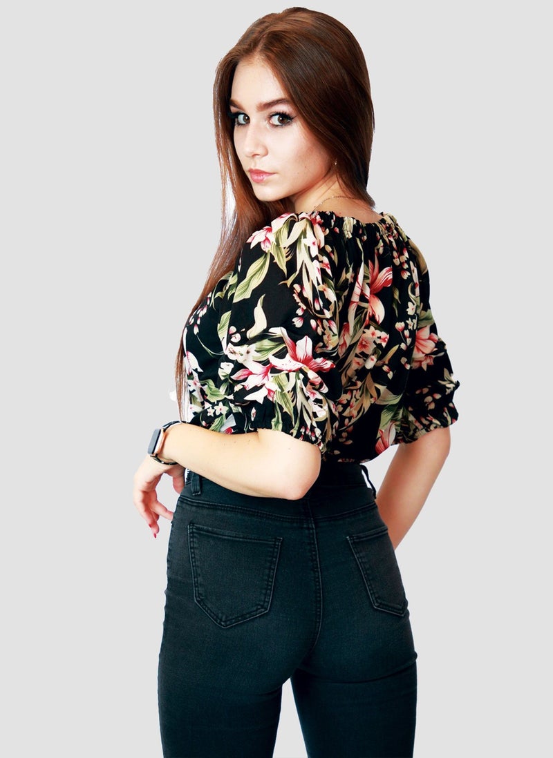 Kidwala Tops For Women, Tees & Blouses Tie Front Knot Floral Pink, Black & Green Blouse, Round Nick Top With Elbow Sleeve Length, Off Shoulder Puff Sleeves Top - Image 5