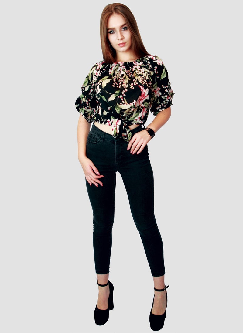 Kidwala Tops For Women, Tees & Blouses Tie Front Knot Floral Pink, Black & Green Blouse, Round Nick Top With Elbow Sleeve Length, Off Shoulder Puff Sleeves Top - Image 3