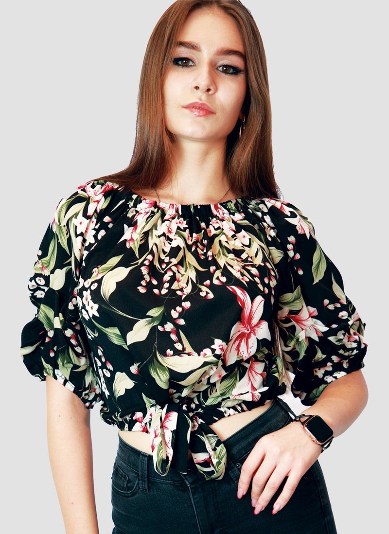 Kidwala Tops For Women, Tees & Blouses Tie Front Knot Floral Pink, Black & Green Blouse, Round Nick Top With Elbow Sleeve Length, Off Shoulder Puff Sleeves Top - Image 1