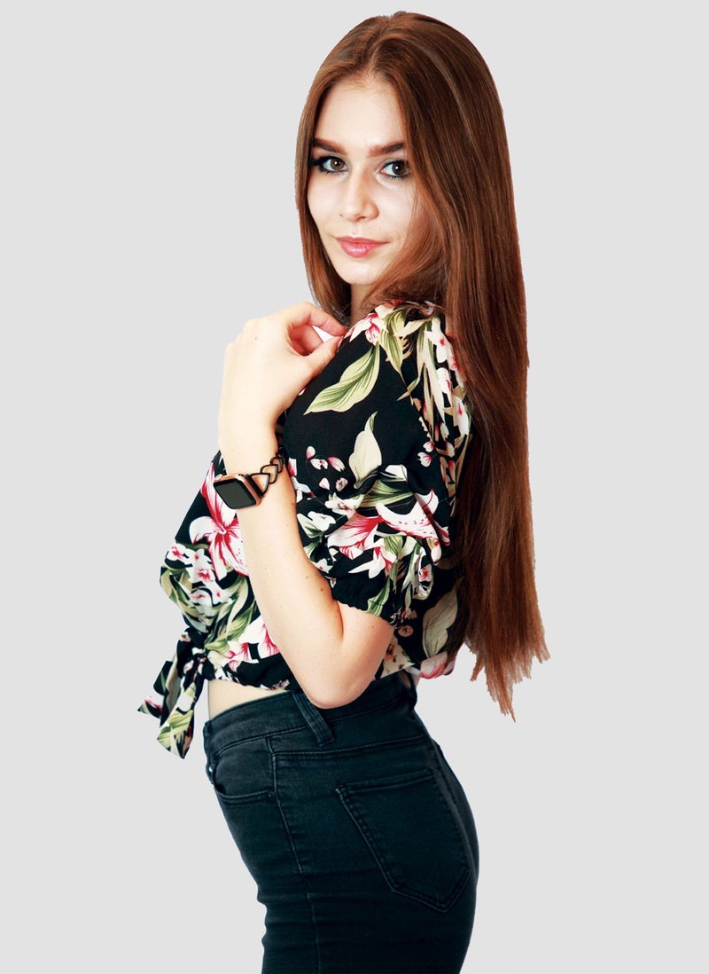 Kidwala Tops For Women, Tees & Blouses Tie Front Knot Floral Pink, Black & Green Blouse, Round Nick Top With Elbow Sleeve Length, Off Shoulder Puff Sleeves Top - Image 4