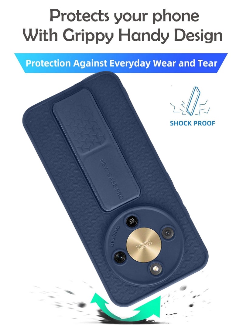 Honor X9d - Blue Semi Soft Self Designed Magnetic Back Stand Case  With Foldable Kickstand & Finger Strap - Image 3