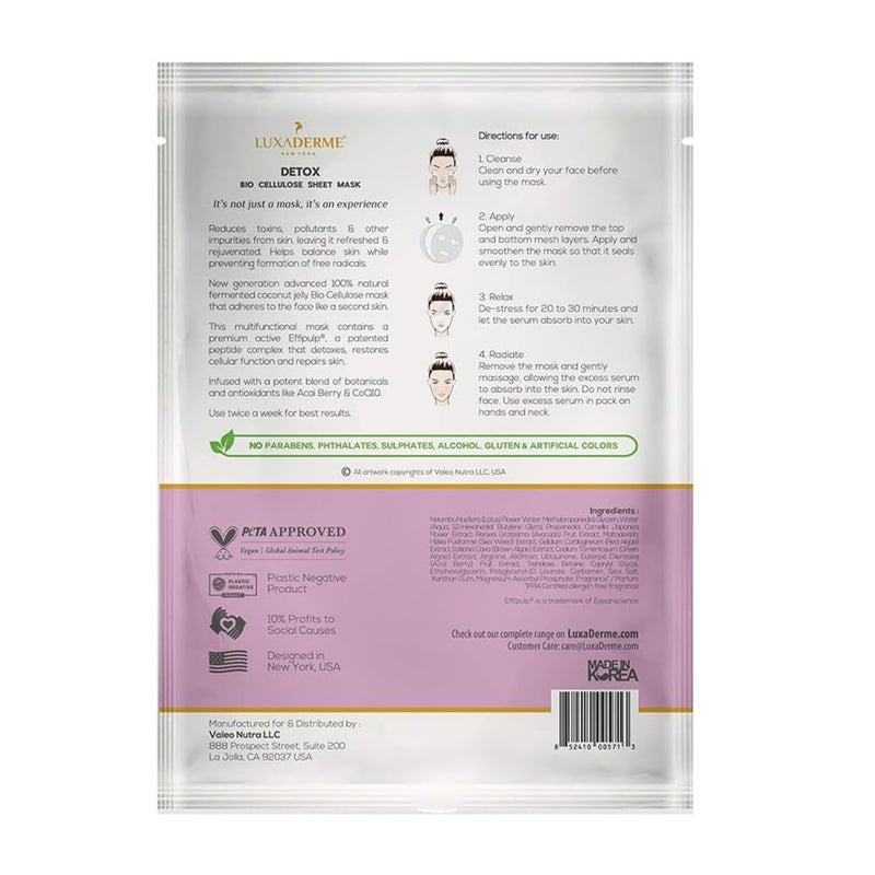 LuxaDerme LuxaDerme Detox Bio Cellulose Sheet Mask Detoxifies Firms Skin AntiPollution All skin types 100 Fermented Coconut Jelly Pack of 2  - Image 2