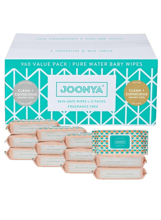 JOONYA Unscented Baby Wipes — Plant-Based, Fragrance-Free Bulk Diaper Wipes | Hypoallergenic, Non-Toxic & Biodegradable Wet Wipes for Sensitive Newborn Skin | 12 Packs of 80 Wipes (960 Total) - Image 1