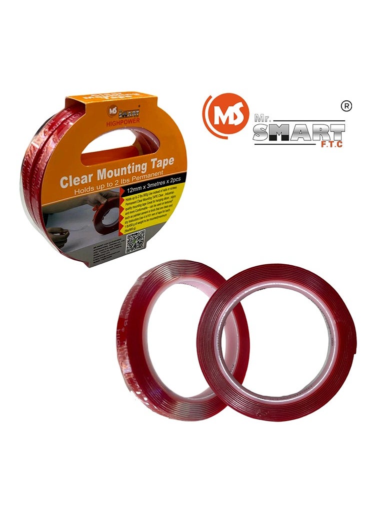 MR.SMART Mr Smart Clear Mounting Tape, 12mm x 3m, 2 Pack, Strong Hold up to 900g  - Image 1