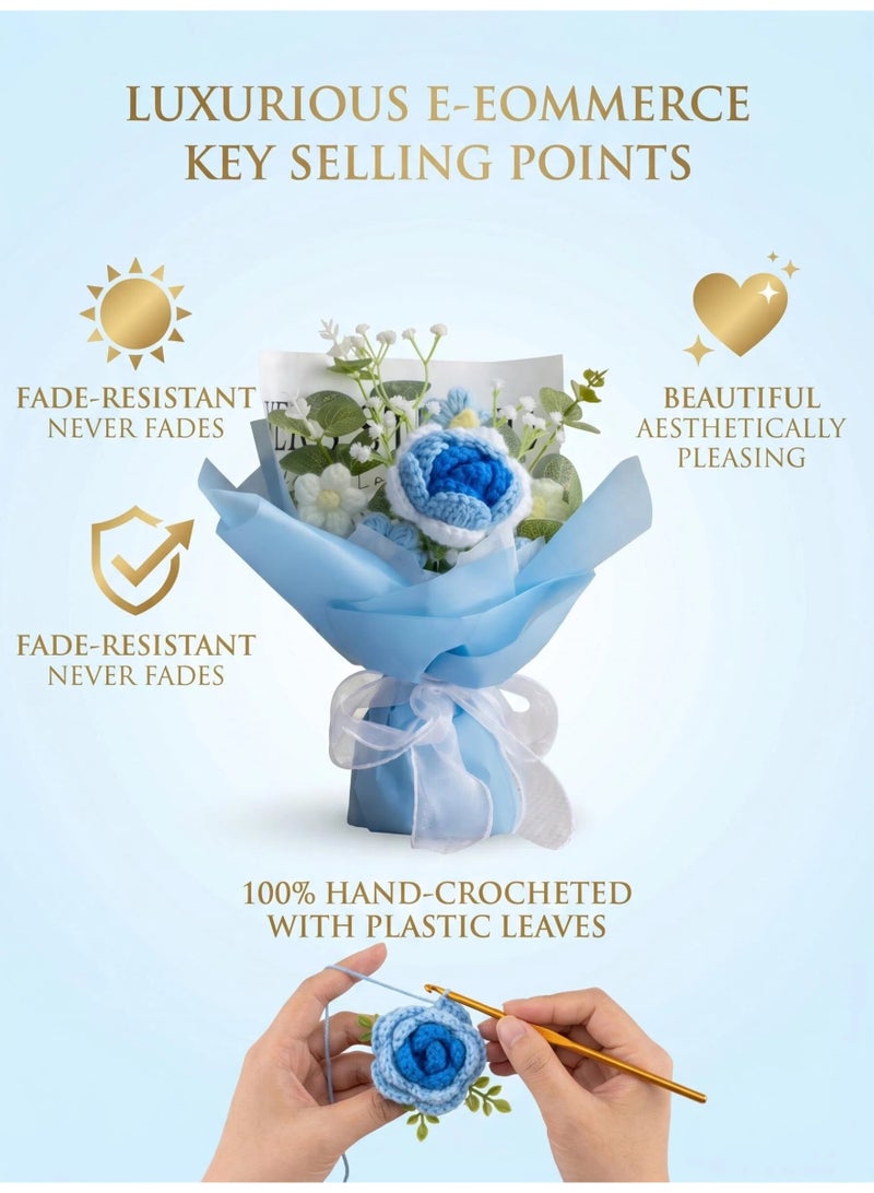 Artificial Flowers-Handcrafted Crocheted Rose Bouquet With Clear PET Gift Box And Card, Ideal Gift For All Festivals - Image 4