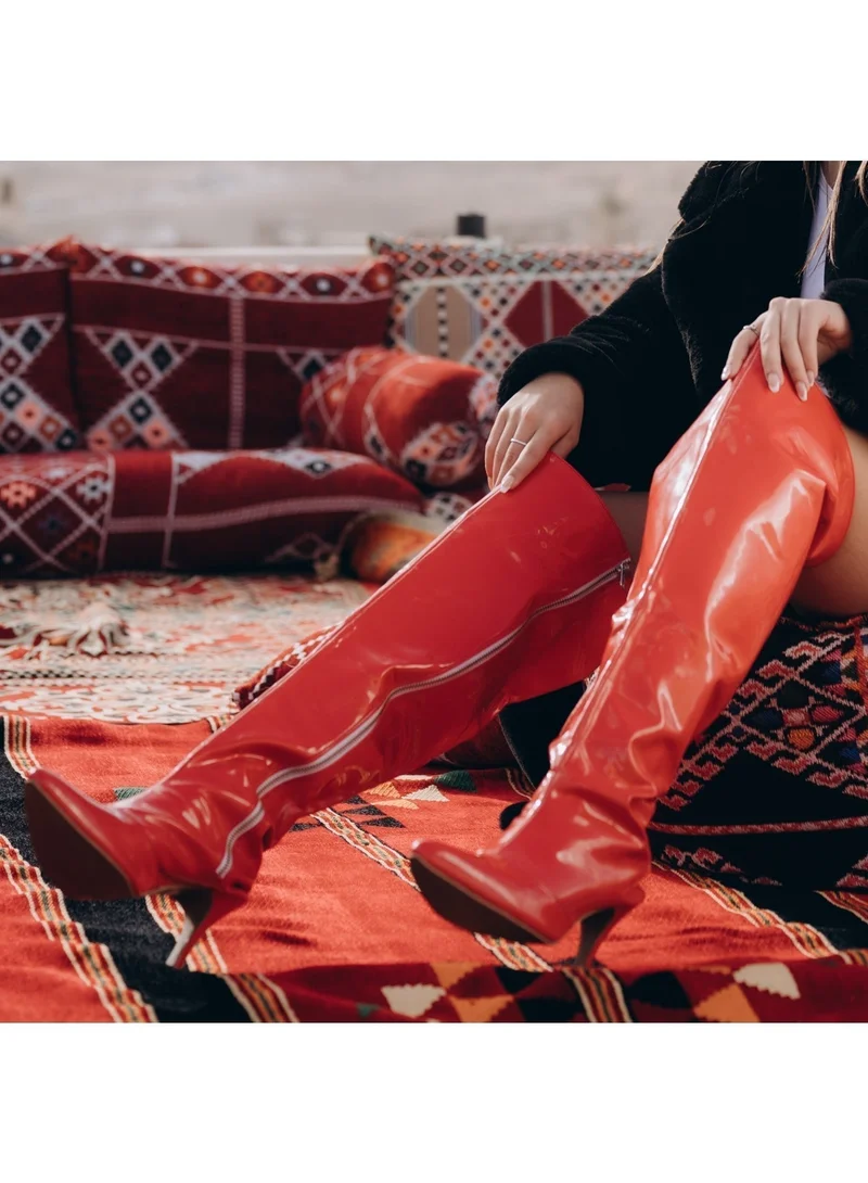 ZORIWORLD EMJAY Red Glossy Boots – 3" Heel Patent Vegan