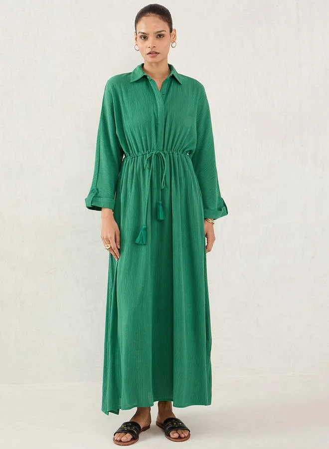 Femmella Green Crinkled Collared A-Line Maxi Dress with Drawstring Waist
