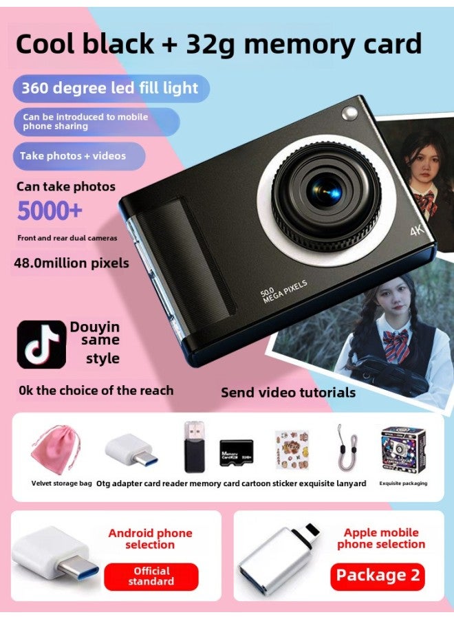 Generic Retro Cat Ccd Camera Students Soul Children Girls Travel Campus Digital Y2 Camera Can Import Mobile Phone-Body Color:Cool Black + 32g Memory Card + Otg Adapter + Usb Card Reader + Lanyard + 2 Stickers + Storage Bag - Official Standard  - Image 1