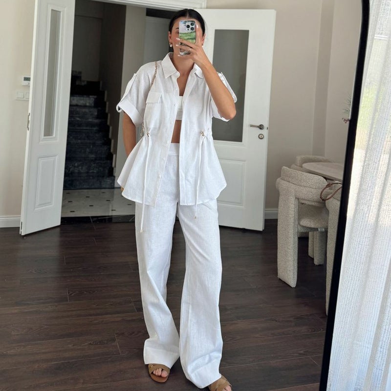 Spot Women'S Suit Casual Workwear Pocket Drawstring Short-Sleeved Shirt Trousers Summer Women'S Two-Piece Set - Image 4