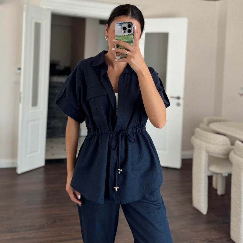 Spot Women'S Suit Casual Workwear Pocket Drawstring Short-Sleeved Shirt Trousers Summer Women'S Two-Piece Set - Image 5