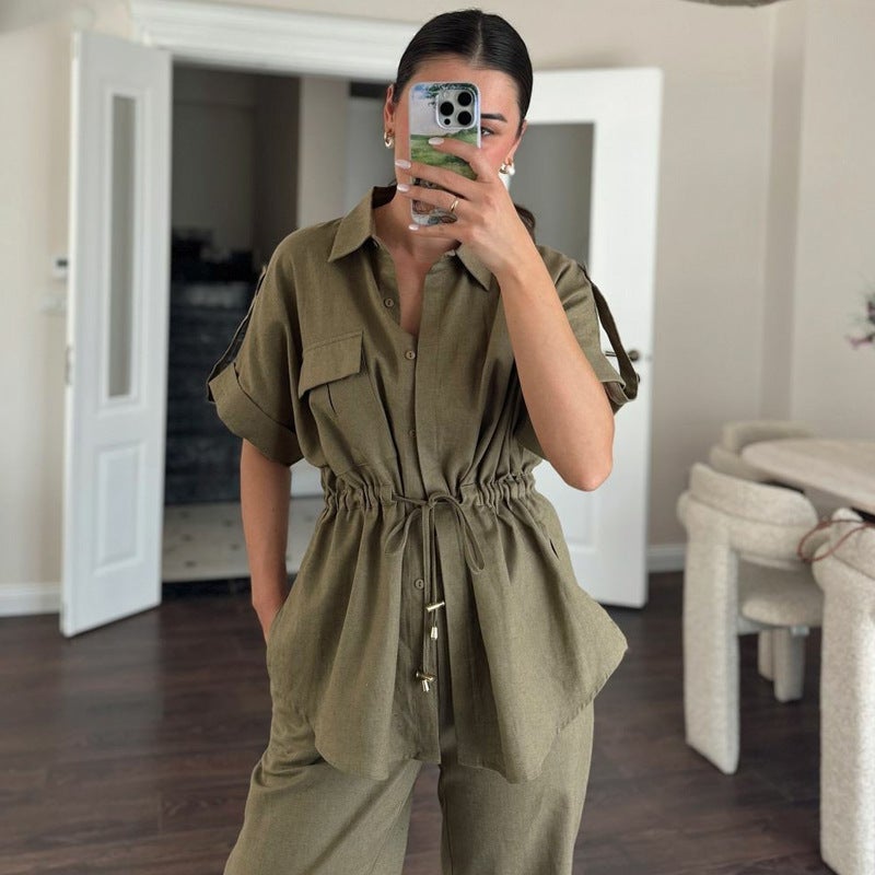 Spot Women'S Suit Casual Workwear Pocket Drawstring Short-Sleeved Shirt Trousers Summer Women'S Two-Piece Set - Image 3