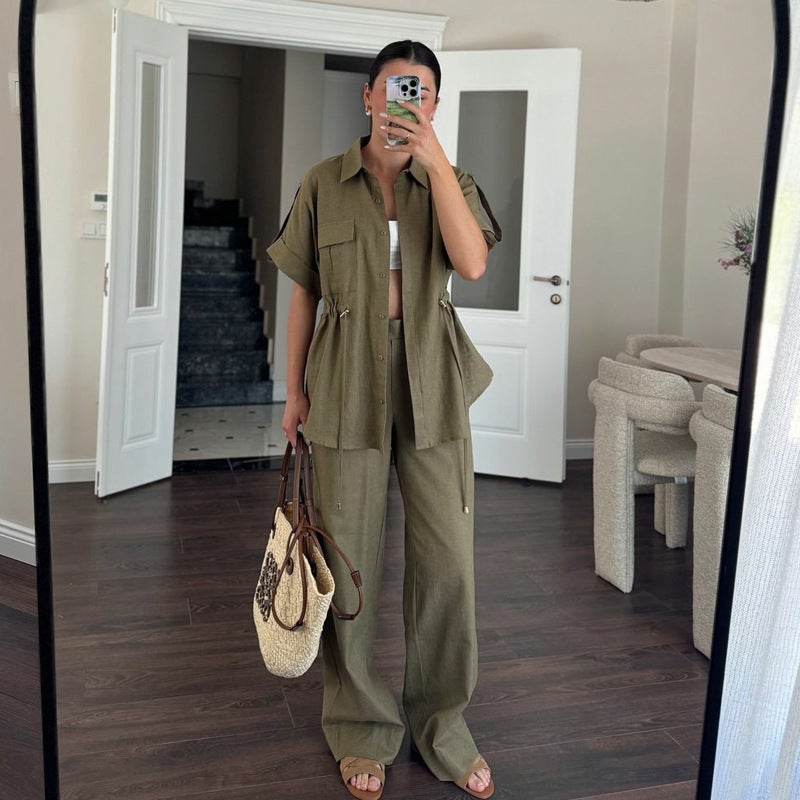 Spot Women'S Suit Casual Workwear Pocket Drawstring Short-Sleeved Shirt Trousers Summer Women'S Two-Piece Set - Image 2