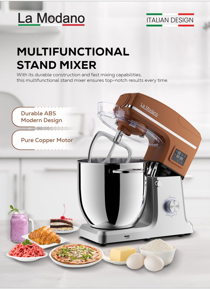 La Modano - Stand Mixer with 12L Stainless Steel Mixing Bowl, 1100W Pure Copper Motor, LED Display with Timer, 6 Speeds Plus Pulse Function, Tilt-Head Design, Anti-Slip Feet, Coffee Color, Low Noise LMSM1200 - Image 1