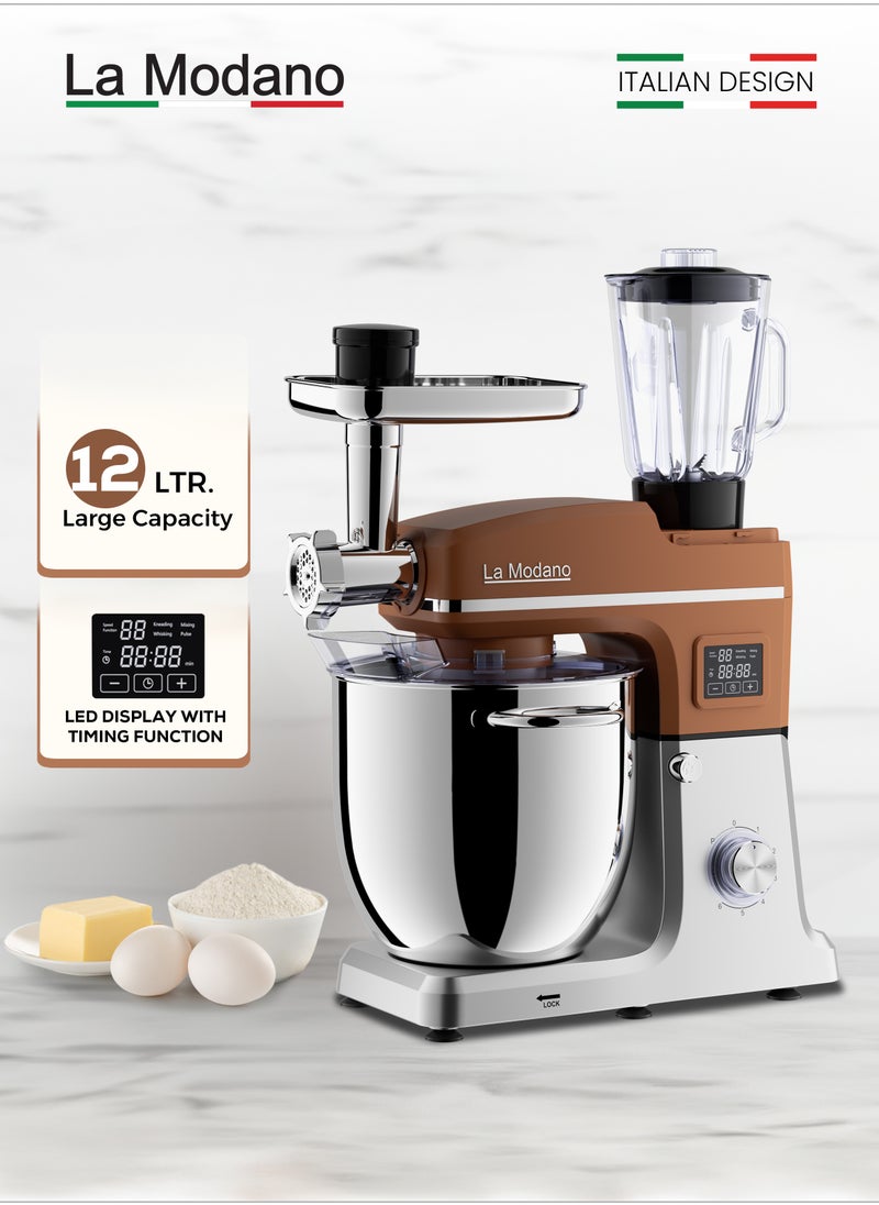 La Modano - Stand Mixer with 12L Stainless Steel Mixing Bowl, 1100W Pure Copper Motor, LED Display with Timer, 6 Speeds Plus Pulse Function, Tilt-Head Design, Anti-Slip Feet, Coffee Color, Low Noise LMSM1200 - Image 1