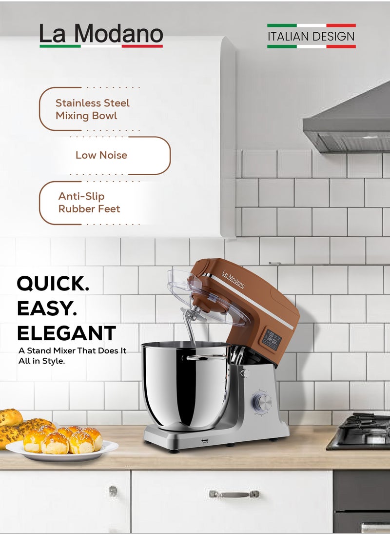 La Modano - Stand Mixer with 12L Stainless Steel Mixing Bowl, 1100W Pure Copper Motor, LED Display with Timer, 6 Speeds Plus Pulse Function, Tilt-Head Design, Anti-Slip Feet, Coffee Color, Low Noise LMSM1200 - Image 1