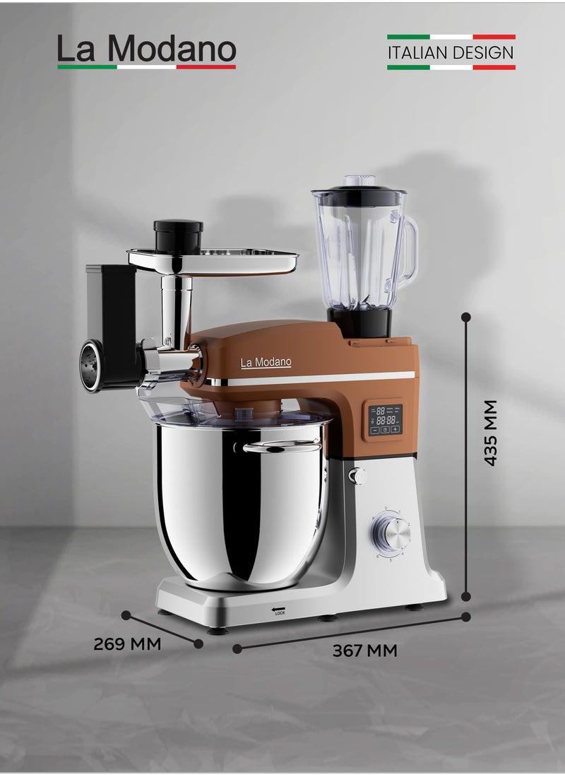 La Modano - Stand Mixer with 12L Stainless Steel Mixing Bowl, 1100W Pure Copper Motor, LED Display with Timer, 6 Speeds Plus Pulse Function, Tilt-Head Design, Anti-Slip Feet, Coffee Color, Low Noise LMSM1200 - Image 1
