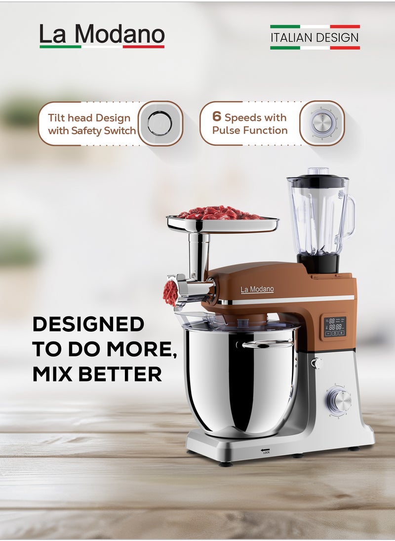 La Modano - Stand Mixer with 12L Stainless Steel Mixing Bowl, 1100W Pure Copper Motor, LED Display with Timer, 6 Speeds Plus Pulse Function, Tilt-Head Design, Anti-Slip Feet, Coffee Color, Low Noise LMSM1200 - Image 1