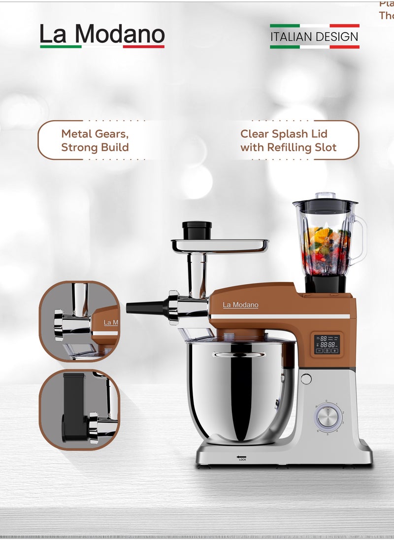 La Modano - Stand Mixer with 12L Stainless Steel Mixing Bowl, 1100W Pure Copper Motor, LED Display with Timer, 6 Speeds Plus Pulse Function, Tilt-Head Design, Anti-Slip Feet, Coffee Color, Low Noise LMSM1200 - Image 1