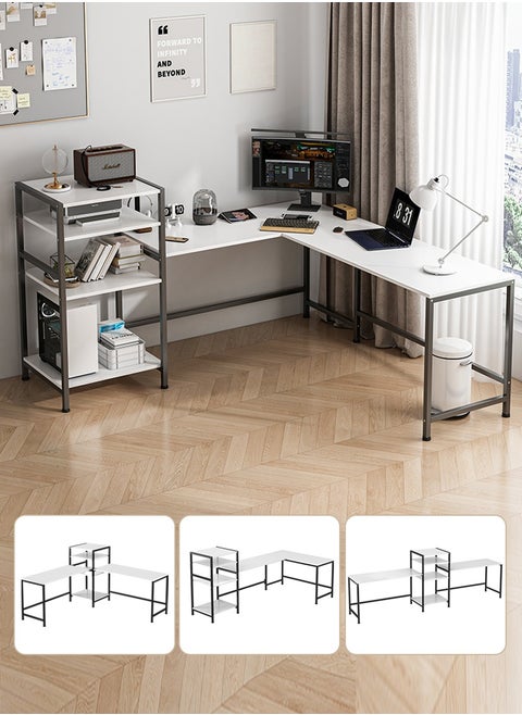 Jantens White Computer Desk With Bookshelf, L-Shape Corner Office Desk For Home Office Student Study