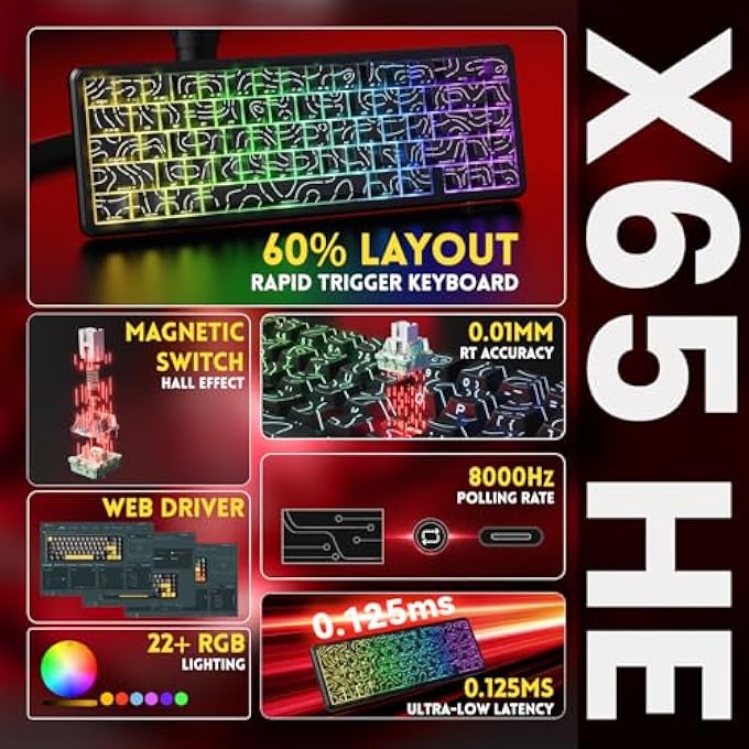 rayihni لوحة مفاتيح ATTACK SHARK X65 HE 8KHZ مع زر إطلاق سريع، دقة 0.01 مم، لوحة مفاتيح ألعاب سلكية مغناطيسية بنسبة 60% مع كابل ملفوف 8KHZ، نقطة تشغيل قابلة للتعديل، SnapTap، لجهاز الكمبيوتر/ماك، تصميم أسود - Image 2