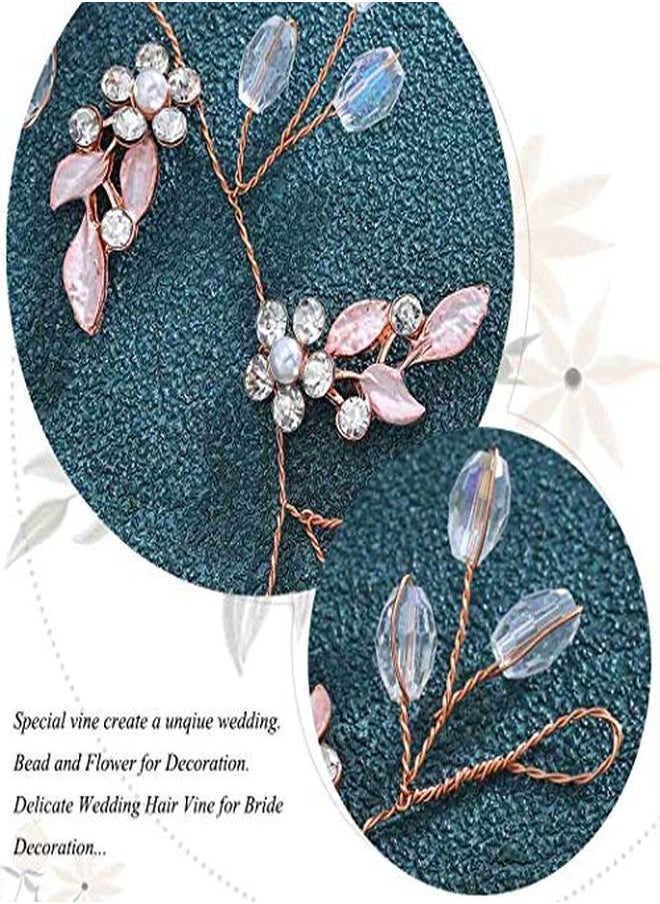 Unicra Leaf Wedding Hair Vine Flower Bridal Hair Piece Crystal Rhinestone Long Headband For Women And Girls (Rose Gold)  - Image 4