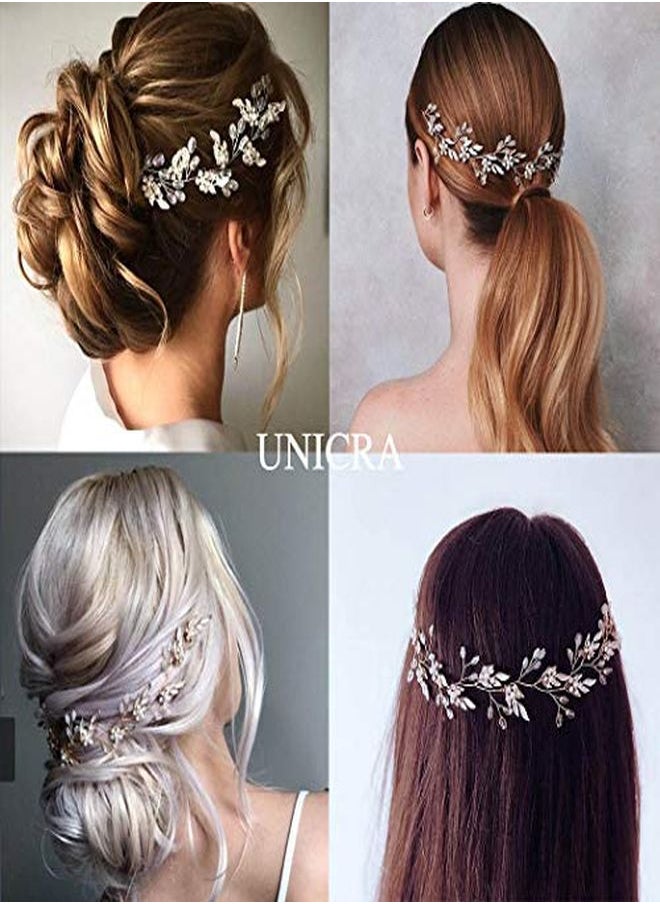 Unicra Leaf Wedding Hair Vine Flower Bridal Hair Piece Crystal Rhinestone Long Headband For Women And Girls (Rose Gold)  - Image 3
