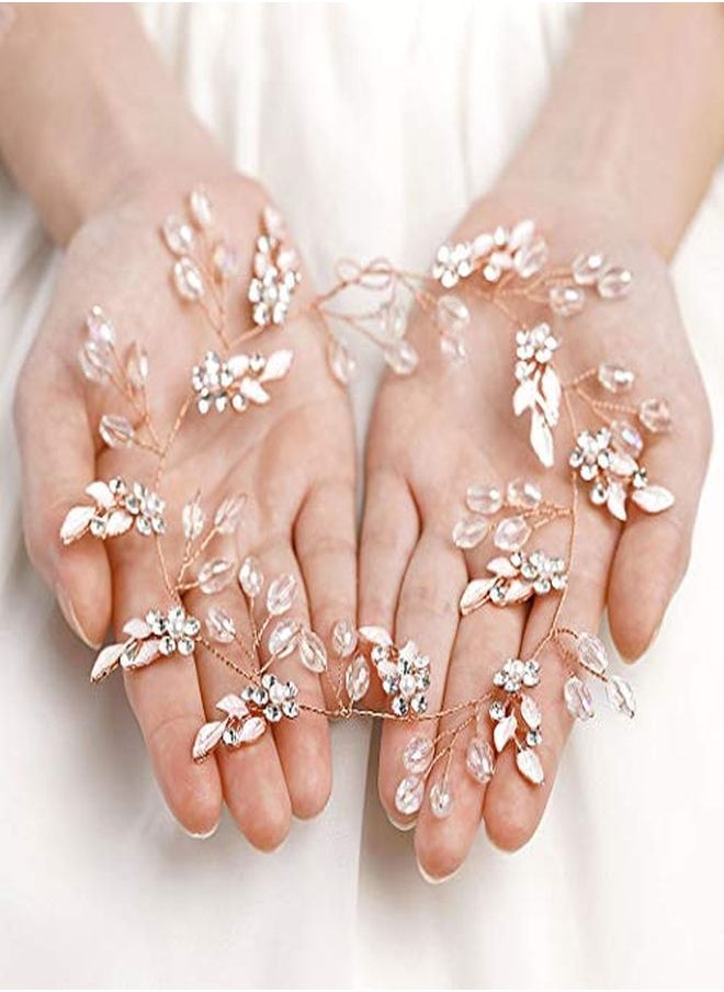 Unicra Leaf Wedding Hair Vine Flower Bridal Hair Piece Crystal Rhinestone Long Headband For Women And Girls (Rose Gold)  - Image 5