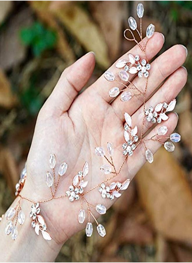 Unicra Leaf Wedding Hair Vine Flower Bridal Hair Piece Crystal Rhinestone Long Headband For Women And Girls (Rose Gold)  - Image 1