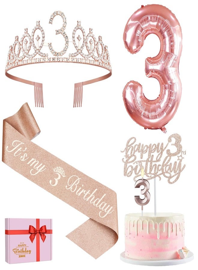 YeohJoy 3rd Birthday Decorations for Girls, Including 3rd Birthday Sash and Tiara, Number 3 Candles and Cake Toppers, Rose Gold Numeral 3 Balloons, 3 Birthday Gifts for Girls - Image 1