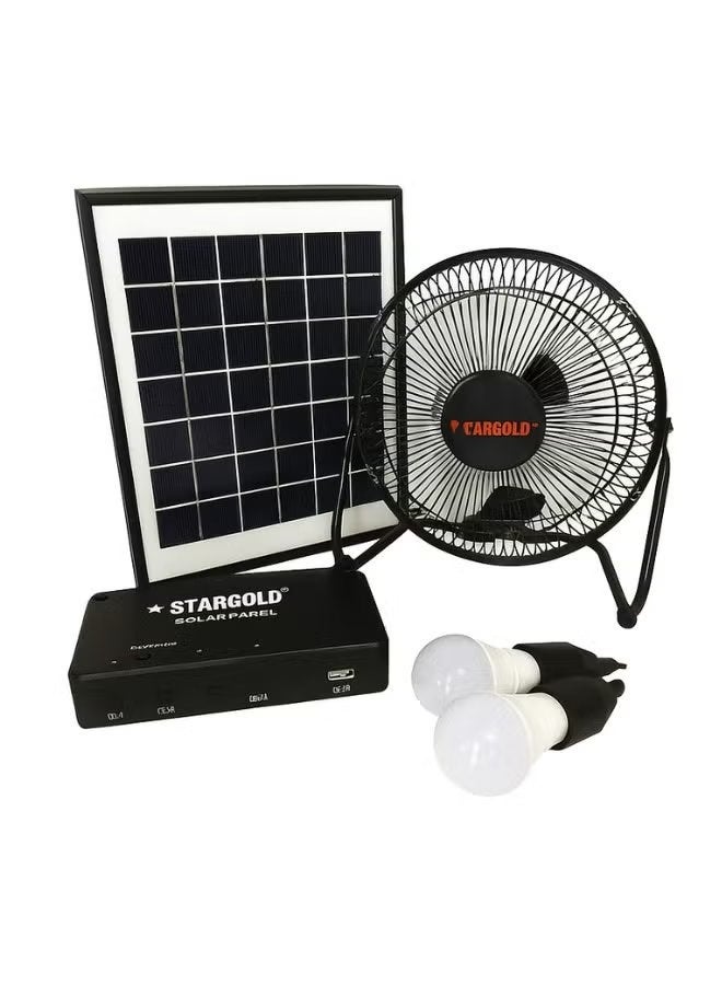 ستارجولد Solar Lighting System Kit with 6W Solar Panel, 3 LED Bulbs, 5W Portable Fan, Built-In Rechargeable Battery, 5 in 1 Charging Cable, Control Box, Outdoor Emergency Camping Home Lighting Set - Image 3