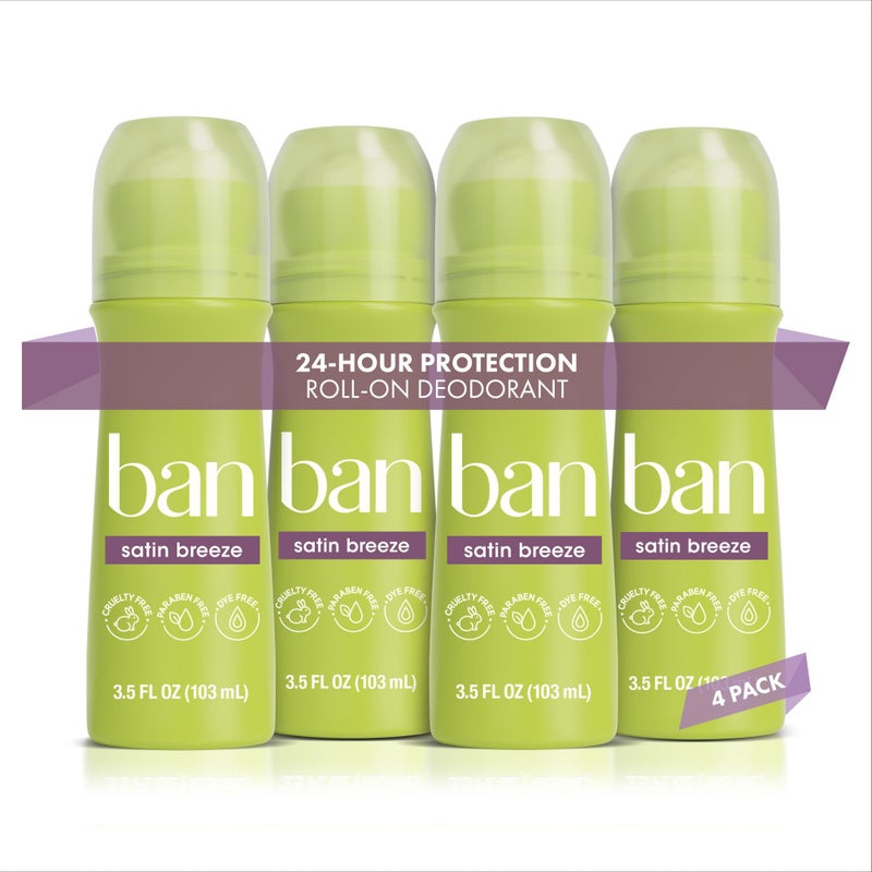Ban Invisible Roll-on Antiperspirant Deodorant for Women and Men, 24-hour Underarm Odor & Sweat Protection, Satin Breeze, 3.5 Oz, Pack of 4 - Image 1