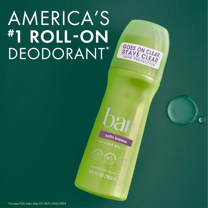 Ban Invisible Roll-on Antiperspirant Deodorant for Women and Men, 24-hour Underarm Odor & Sweat Protection, Satin Breeze, 3.5 Oz, Pack of 4 - Image 5