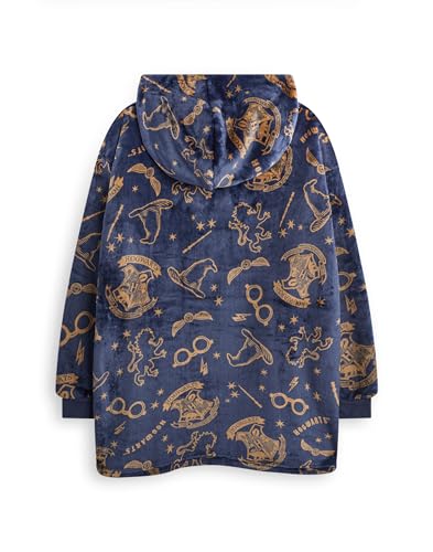 Harry Potter Girls Wearable Blanket Hoodie | Childrens Hooded Sherpa Fleece Pullover in Navy with HP Hogwarts Logo - Image 3
