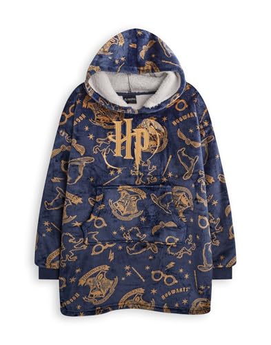 Harry Potter Girls Wearable Blanket Hoodie | Childrens Hooded Sherpa Fleece Pullover in Navy with HP Hogwarts Logo - Image 1