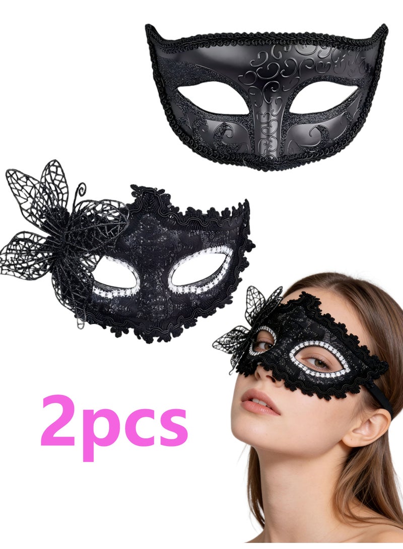 مجموعة أقنعة تنكرية، قطعتان، قناع تنكري للأزواج مزين بزهرة جانبية ونقوش مرسومة، أقنعة تنكرية نسائية، قناع تنكري يغطي نصف الوجه لحفلات التنكر، الحانات، حفلات التخرج، وحفلات الزفاف - Image 1