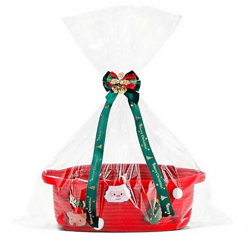 Poschnor Gift Basket Empty for Christmas Christmas Decorative Baskets with Gift Bags and Ribbons Small Cotton Rope Storage Basket for Baby and Pet Toys 12x 8x 5 Inch Red - Image 1