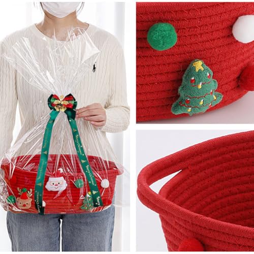 Poschnor Gift Basket Empty for Christmas Christmas Decorative Baskets with Gift Bags and Ribbons Small Cotton Rope Storage Basket for Baby and Pet Toys 12x 8x 5 Inch Red - Image 3