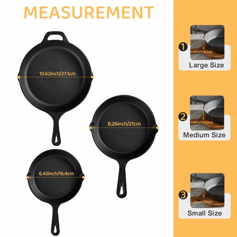 EWFEN Cast Iron Skillet 3-Piece Set, Heavy-Duty Professional Restaurant Chef Quality Pre-Seasoned Pan Cookware Set, 6", 8", 10" Pans For Frying, Saute, Cooking, Use Indoor/Outdoor, Oven, Grill - Image 3