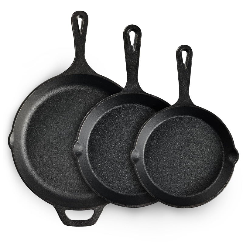 EWFEN Cast Iron Skillet 3-Piece Set, Heavy-Duty Professional Restaurant Chef Quality Pre-Seasoned Pan Cookware Set, 6", 8", 10" Pans For Frying, Saute, Cooking, Use Indoor/Outdoor, Oven, Grill - Image 1